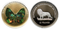 Democratic Republic of Congo 10 francs 2002 Silver Butterfly (Green-blue)