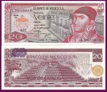 Mexico 20 Pesos José María Morelos / Quetzalcoatl pyramid 1977 UNC P-64d