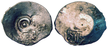 Grand Duchy of Ryazan denga circa 1400 Silver Overstrike of tamgha in the shape of rams head over Tatar host coin