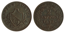 Zurich 2 rappen 1842 Billon Coat-of-arms / Denomination